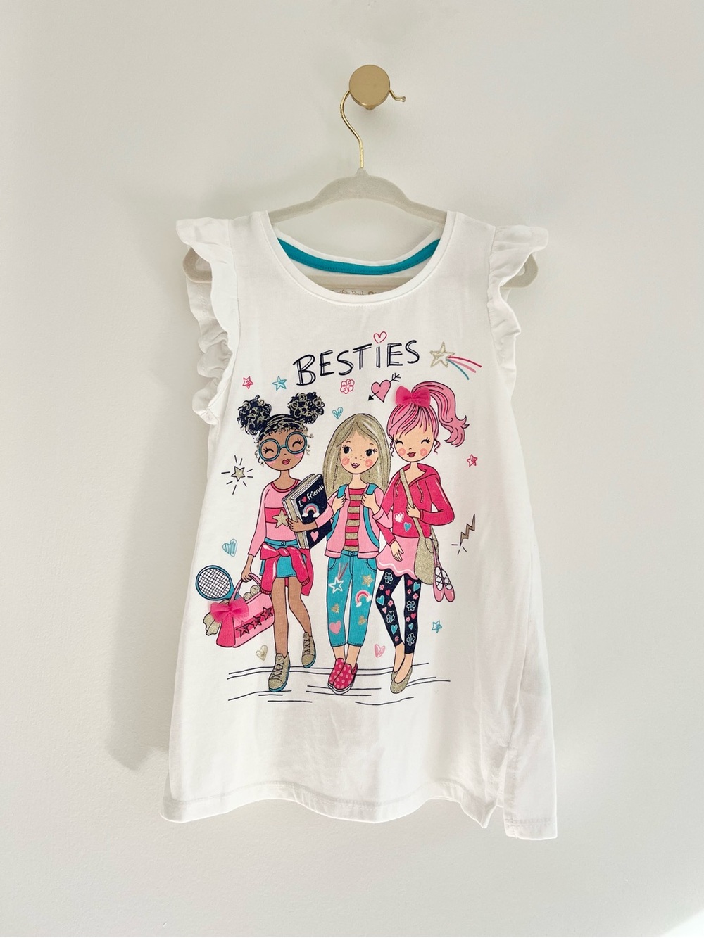 Cynthia Rowley Girls' White "Besties" Graphic Ruffle Sleeve Top | S (5/6)